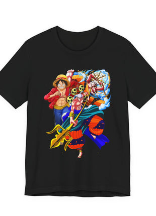 Front of a black T-shirt featuring Luffy and Enel in a full-color collage with gold circular forms and blue-white lightning.