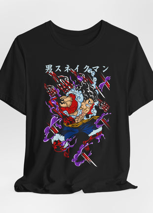 Draped front view of the black Luffy Red Fist Purple Energy Graphic T-Shirt.