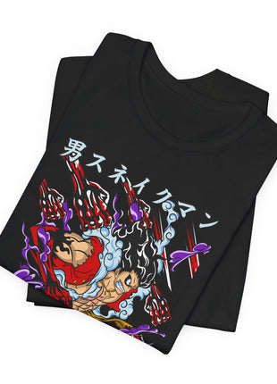 Folded black Luffy Red Fist Purple Energy Graphic T-Shirt showing a close view of the character artwork.