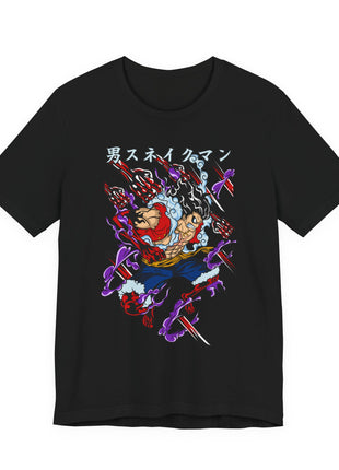 Front of a black T-shirt featuring Luffy with an enlarged red-and-black fist amid blue-white curls and purple energy accents.