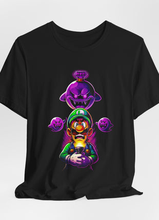 Draped front view of the black Luigi and King Boo Purple Ghosts Graphic T-Shirt.