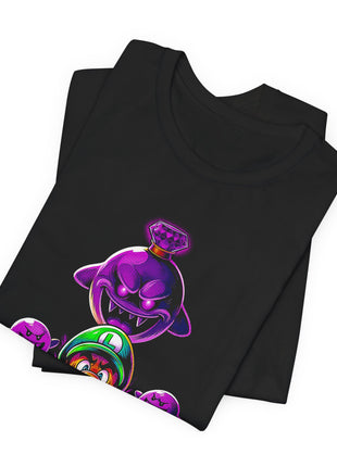 Folded view of the black Luigi and King Boo Purple Ghosts Graphic T-Shirt.