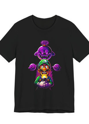 Front view of the black Luigi and King Boo Purple Ghosts Graphic T-Shirt.