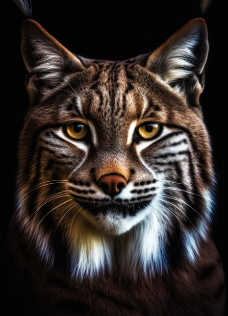 Front-facing lynx with tall ear tufts, striped brown face, white cheek ruff and pale chest against black.