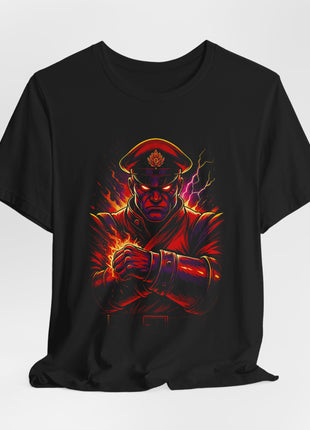 Draped front view of the black M Bison Psycho Power Graphic T-Shirt.