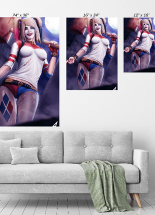 Room mockup—Queen of Mayhem framed on wall, comic-book décor centerpiece.