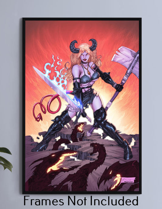 "Soul Cleaver – Magik Wall Art on canvas, acrylic, and metal – Magik wielding her mystical axe surrounded by magical energy."

