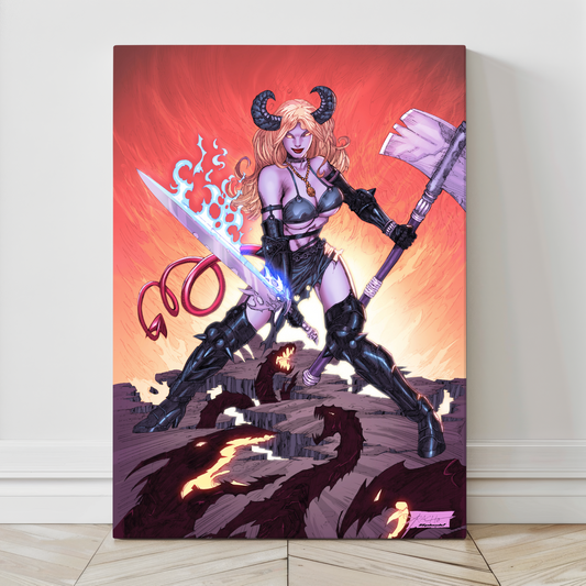 "Soul Cleaver – Magik Wall Art on canvas, acrylic, and metal – Magik wielding her mystical axe surrounded by magical energy."