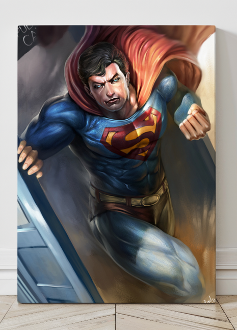 Superman emerging from phone booth on 12x18 canvas with Doctor Who crossover energy.