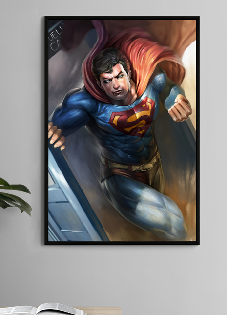 Superman emerging from phone booth on 11x17 print with Doctor Who crossover energy.