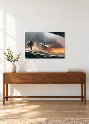 Mandalorian Departure at Dusk acrylic wall art displayed above a wooden console with a leafy vase and stacked books against a white wall.