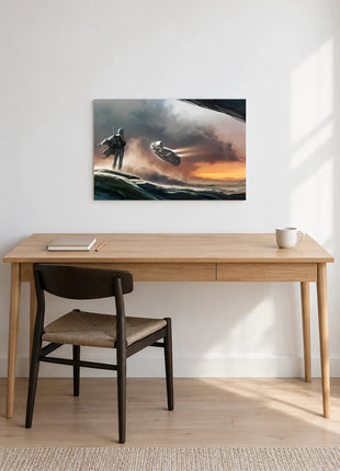 Mandalorian Departure at Dusk acrylic wall art displayed above a wooden desk with a notebook, pencil and white mug against a white wall.