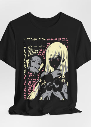 Draped front view of the black Marin Kitagawa Pink Halftone Panel Graphic T-Shirt with a blonde Marin Kitagawa portrait with pink eyes, a smaller gray face and pink-yellow halftone background.