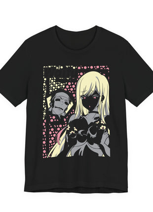 Front of a black Marin Kitagawa Pink Halftone Panel Graphic T-Shirt featuring a blonde Marin Kitagawa portrait with pink eyes, a smaller gray face and pink-yellow halftone background.