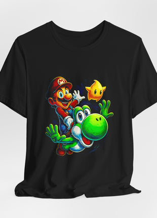 Draped front view of the black Mario and Yoshi Star Ride Graphic T-Shirt.