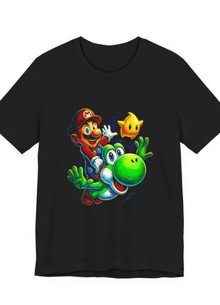Front view of the black Mario and Yoshi Star Ride Graphic T-Shirt.