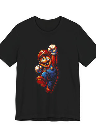 Front view of the black Mario Jumping Hero Graphic T-Shirt.