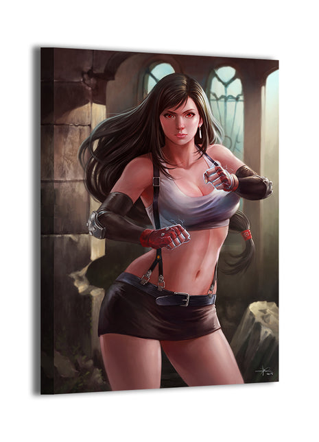 Tifa Lockhart with red gloves and brawler pose; artwork by Nopeys; gallery-wrapped, ready to hang.