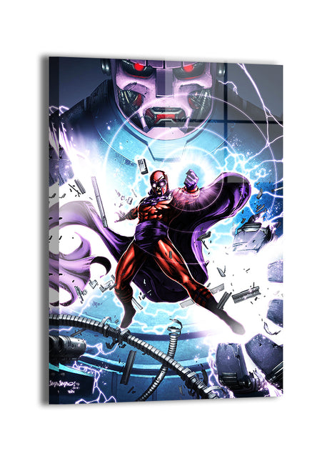 Magneto vs Sentinel by Jimbo Salgado; modern metallic sheen, ready to hang.