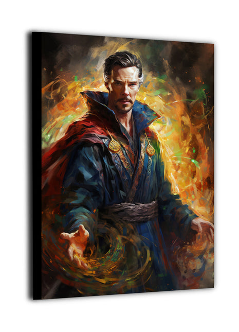 High-quality canvas wall art showcasing a mystic spellcaster in flowing robes, intense focus, fiery and ethereal energy effects, and cinematic fantasy lighting.