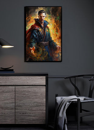 Master of Mystic Realities wall art displayed in a modern room mockup, presenting a striking magic-themed fantasy artwork as a bold focal point.