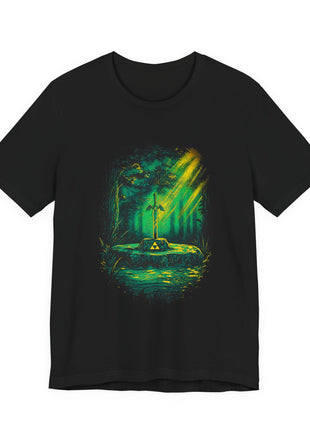 Black T-shirt front with the Master Sword on a Triforce-marked pedestal in a green forest with golden sunbeams.