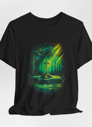 Gathered black T-shirt front displaying the Master Sword and stone platform in an emerald-and-gold forest.