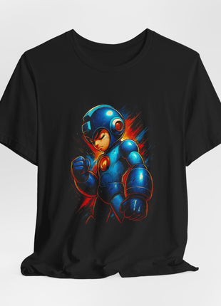 Draped front view of the black Mega Man Armored Portrait Graphic T-Shirt.