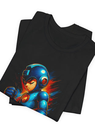 Folded view of the black Mega Man Armored Portrait Graphic T-Shirt.