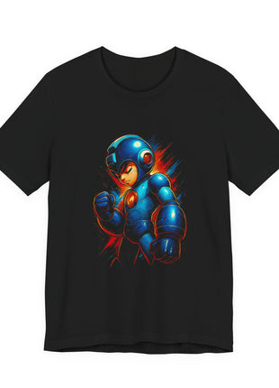 Front view of the black Mega Man Armored Portrait Graphic T-Shirt.