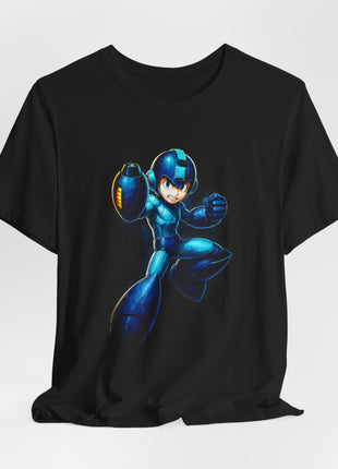 Draped front view of the black Mega Man Blue Bomber Leap Graphic T-Shirt.