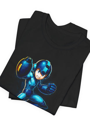 Folded view of the black Mega Man Blue Bomber Leap Graphic T-Shirt.