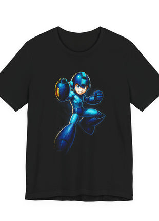 Front view of the black Mega Man Blue Bomber Leap Graphic T-Shirt.