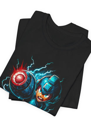 Folded black Mega Man T-shirt showing the glowing red cannon, blue helmet and surrounding lightning.