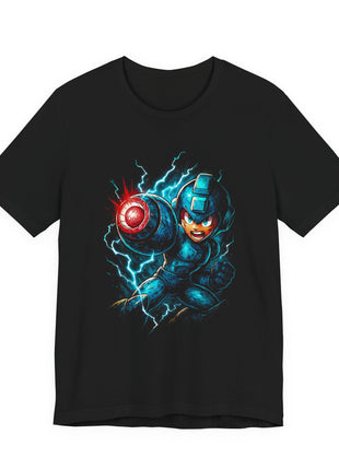 Front of a black T-shirt featuring Mega Man aiming a red-glowing arm cannon amid blue lightning.