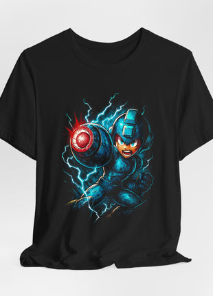 Black Mega Man T-shirt with a gathered hem, displaying the electric arm-cannon front graphic.