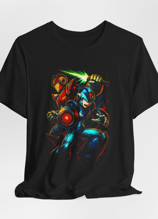 Draped front view of the black Mega Man X and Zero Energy Blades Graphic T-Shirt.