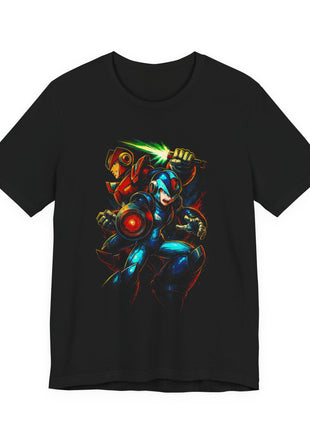 Front view of the black Mega Man X and Zero Energy Blades Graphic T-Shirt.