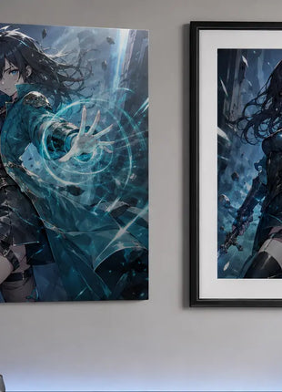 Anime-style artwork compared as a metal print and framed paper poster