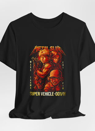Draped front view of the black Metal Slug Arcade Squad Graphic T-Shirt.