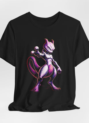 Draped front view of the black Mewtwo Psychic Stance Graphic T-Shirt.