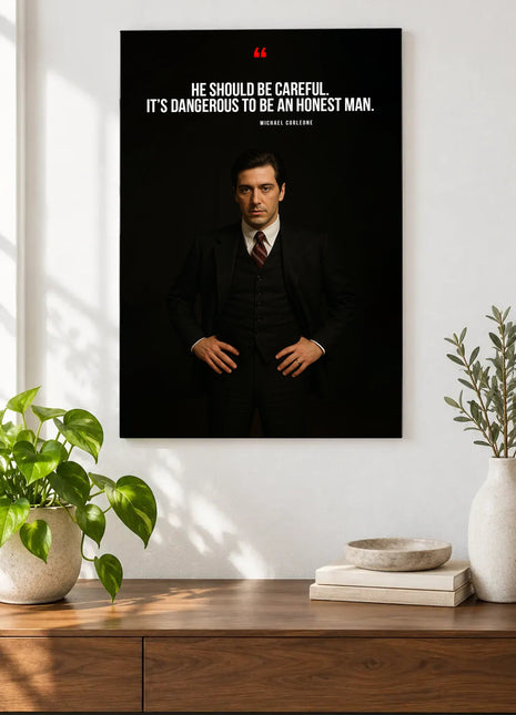 Michael Corleone Measured Words acrylic wall art displayed above a wooden console with plants and books against a white wall.