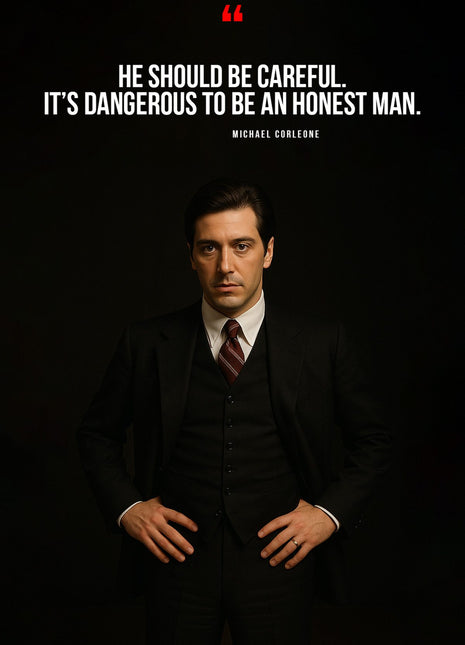Michael Corleone in a dark portrait beneath white quotation text and a red quotation mark.