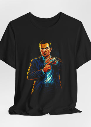 Draped front view of the black Michael De Santa Suited Portrait Graphic T-Shirt.