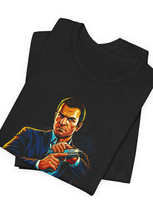 Folded view of the black Michael De Santa Suited Portrait Graphic T-Shirt.