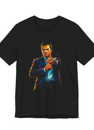 Front view of the black Michael De Santa Suited Portrait Graphic T-Shirt.