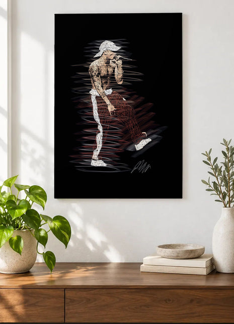 Microphone in Mid-Stride acrylic wall art displayed above a wooden console with plants and books against a white wall.