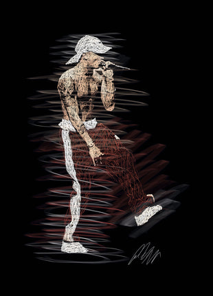 Shirtless performer in a white cap and red track pants holding a microphone with one foot lifted.