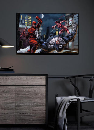 Midnight Justice Clash — Daredevil (Matt Murdock), Elektra Natchios and Bullseye Marvel wall art by Don Mark Noceda