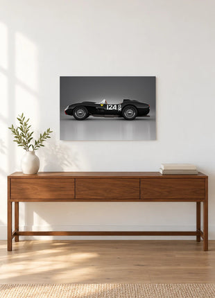 Midnight One Twenty-Four shown as horizontal acrylic wall art above a wooden console with a vase of leafy stems and stacked books.